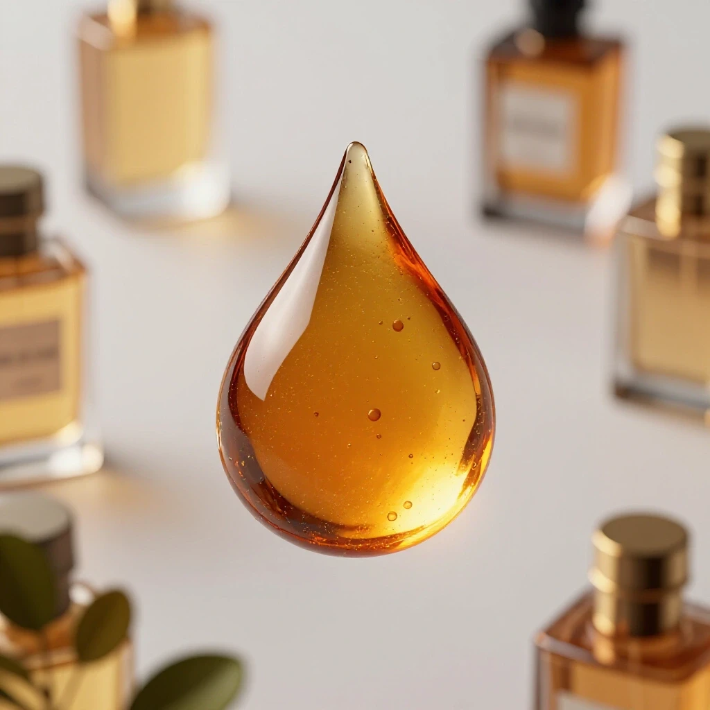 A close-up of a glistening amber resin droplet surrounded by blurred perfume bottles and elements of nature.