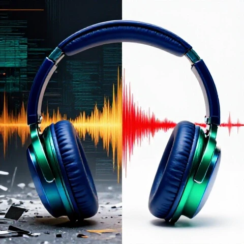 Split image of glossy headphones bridging a chaotic, grainy side and a clear, vibrant side with audio waves, on a bright studio background.