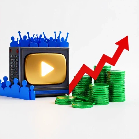Split scene with a gold YouTube play button and remote beside blue audience shapes, contrasted with rising stacks of green coins and an upward red graph on a bright white background.