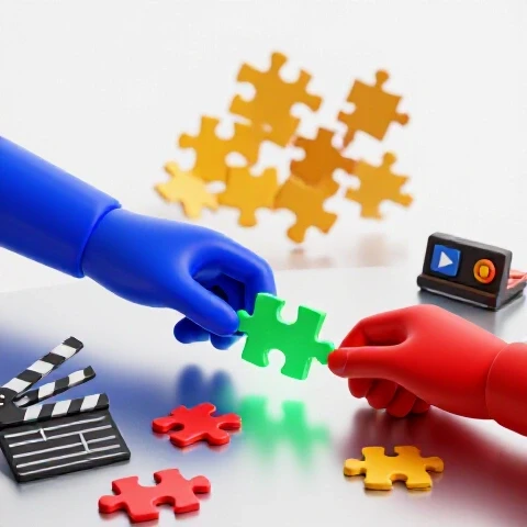 Two vibrant colored hands exchange a glowing puzzle piece over a desk with video editing tools, contrasting with scattered puzzle pieces in the background.