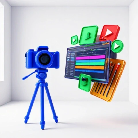 Split scene with a single blue camera on one side and vibrant 3D editing tools in a dynamic collage on the other.