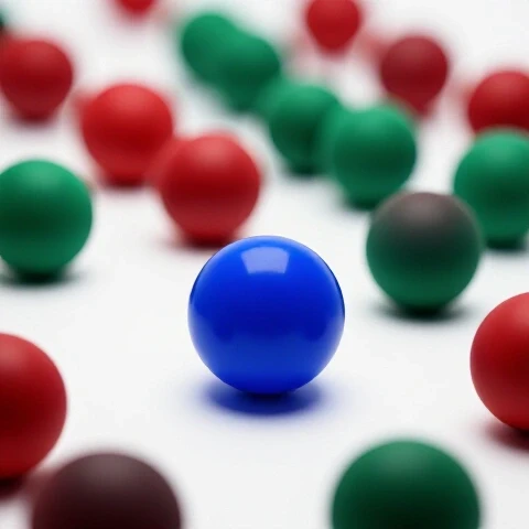 A single vibrant blue sphere illuminated under a spotlight, standing out amid a blurred group of red and green spheres on a white background.
