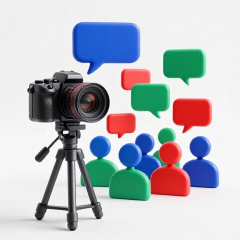 Split-scene image with a camera projecting opinion toward vibrant audience icons, clean white background, bold colors.