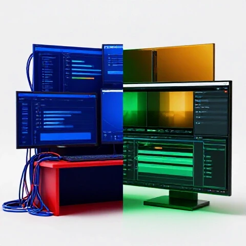 Split-view of chaotic, laggy workspace beside a smooth, vibrant Premiere Pro editing interface on white background