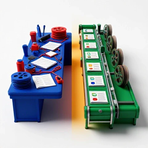 A cluttered desk transforms into a streamlined production line with vivid video elements on a bright background.