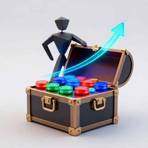 Glossy treasure chest overflows with glowing play buttons and a vibrant upward graph, symbolizing YouTube growth discovery.