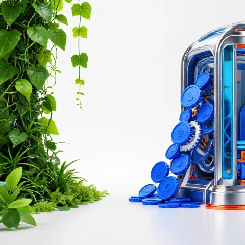 Lush green vines growing on one side, sleek metallic gears and blue coins funneling into a dynamic machine on the other, split by a clean line on a bright white background.