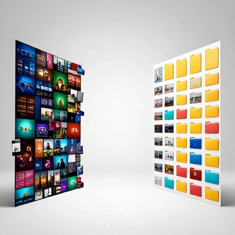 Disorganized digital media icons and video files transform into neatly arranged colorful folders for organizing YouTube content.