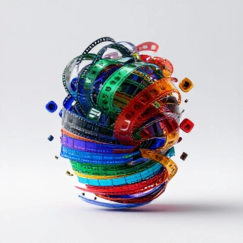 Chaotic video editing icons and filmstrips transforming into tidy, color-coded layers on a luminous timeline.