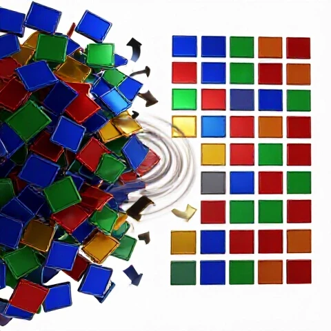 Vibrant video thumbnails transforming from a disorganized pile to a neat, colorful grid on a bright background
