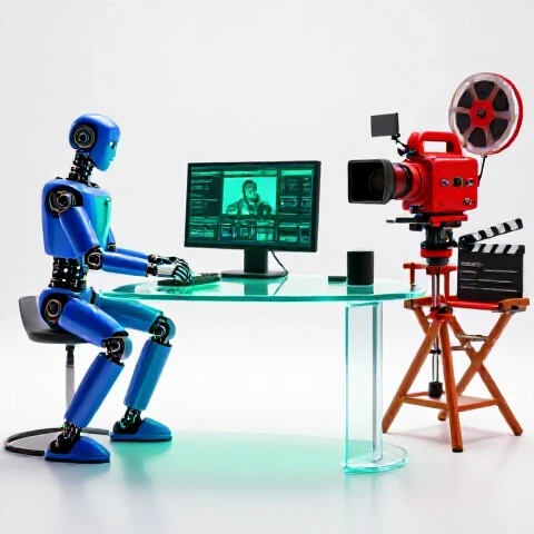 Split scene with an AI robot editing videos on one side and vibrant filmmaking gear on the other, against a bright studio background.