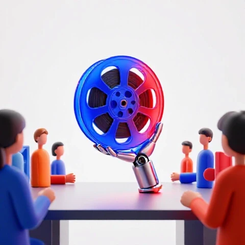 A glowing video reel is handed across a bright desk, transitioning from a single creator to a collaborative team setup.