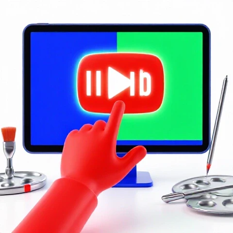 Vibrant split-scene showing a digital thumbnail passed to creative tools and transforming into a polished final image.