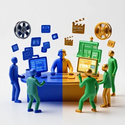 Split scene showing a solo video creator overwhelmed on one side and a diverse collaborative team on the other, surrounded by vibrant video icons on a bright background.