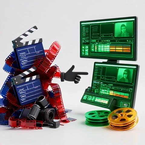 Split studio-lit scene showing chaotic video elements transforming into sleek, organized editing tools on a bright background.