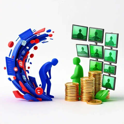 Split scene showing chaotic video clutter and stress on one side, contrasted with coins and polished videos on the other, symbolizing outsourcing benefits.