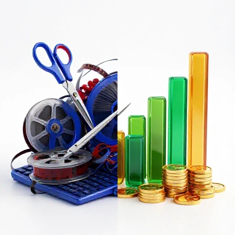 Split-screen scene showing chaotic editing tools on one side and smooth analytics graphs with coins on the other.