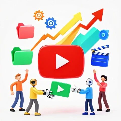 YouTube play button at the center with vibrant icons and robotic arms handing off video tasks, visualizing channel growth.