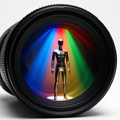 A faceless mannequin stands at a camera lens tunnel's edge with vibrant light streaming through the opening.