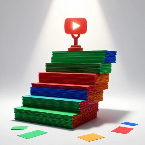 A vivid staircase of colorful rejection letters leads upward under a dramatic spotlight with a symbolic creator trophy atop, set against a bright background.