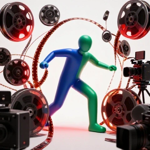 A creator figure breaks through tangled film reels and camera gear, revealing a brightly lit open pathway.
