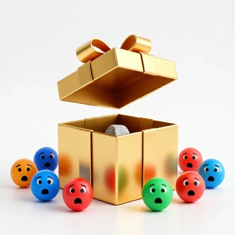 A luxurious golden box opens to reveal a dull item inside, with shocked avatar faces reacting nearby.