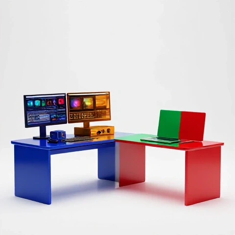 Two contrasting video editing workspaces split center, one advanced and vibrant, one minimal and basic, on a bright background.