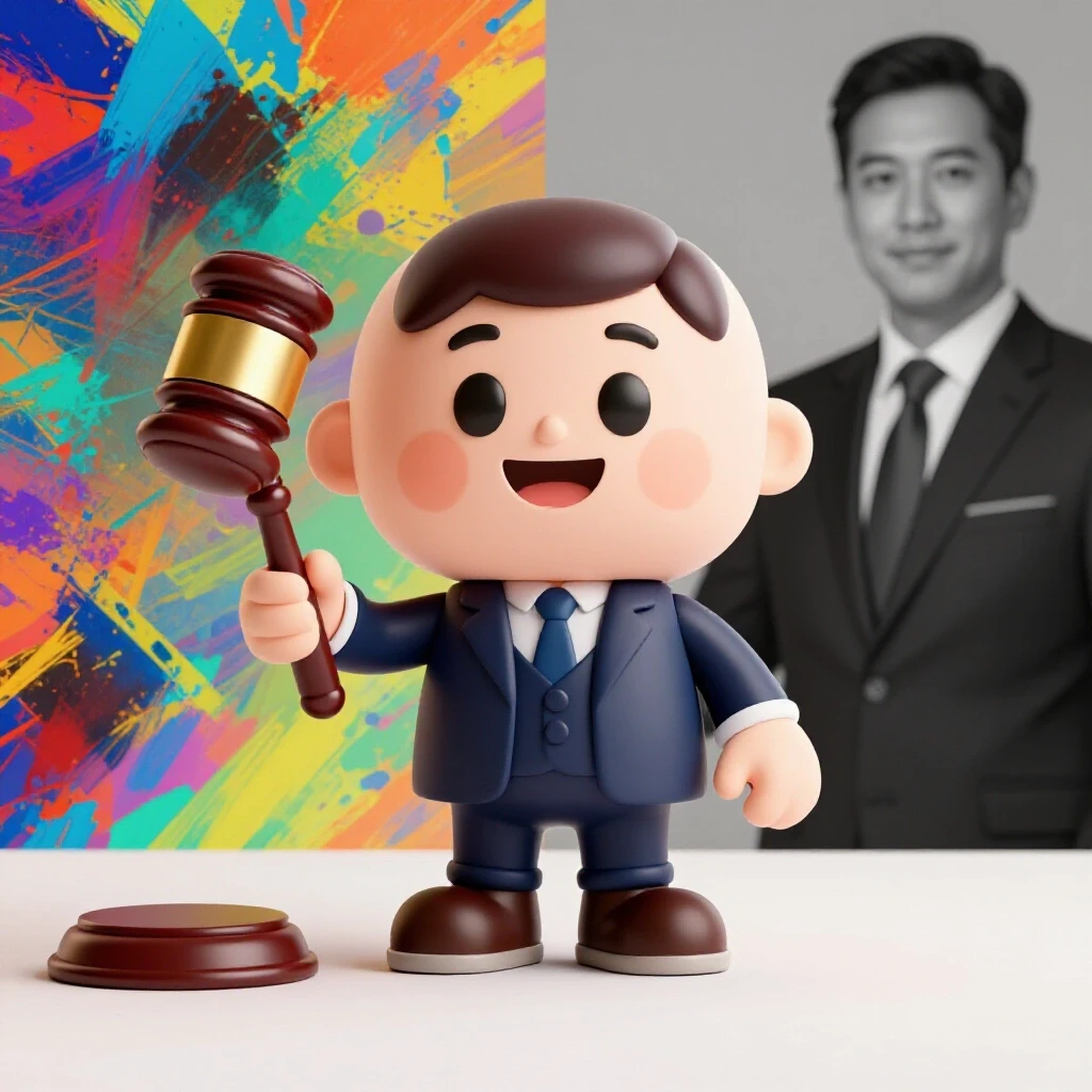 Colorful cartoonish character with a gavel showcasing the theme of parody and fair use on YouTube.