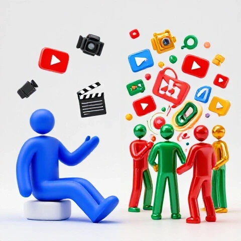 Two contrasting sides compare solo and team YouTube work: one with few video icons, the other with vibrant collaboration.