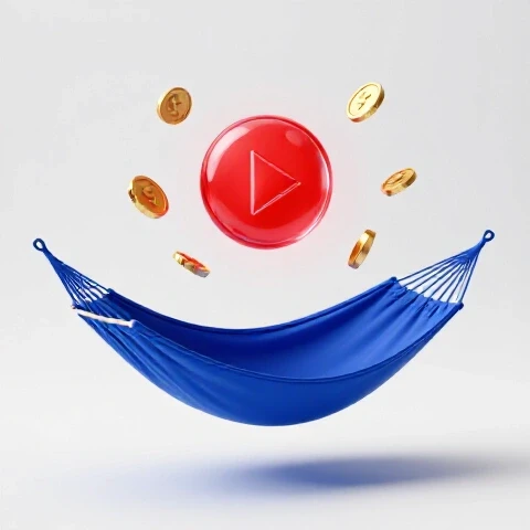 Modern blue hammock with floating gold coins and a glowing red play button, set in a bright studio.