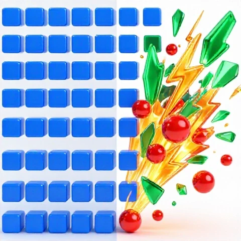 Split-screen showing monotonous blue cubes transforming into vibrant, dynamic 3D shapes on a bright background.