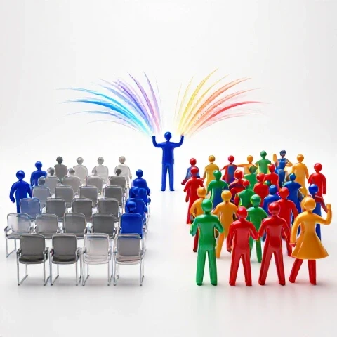 Vivid split scene showing a dull empty audience and a lively colorful crowd bridged by a radiant storyteller figure.