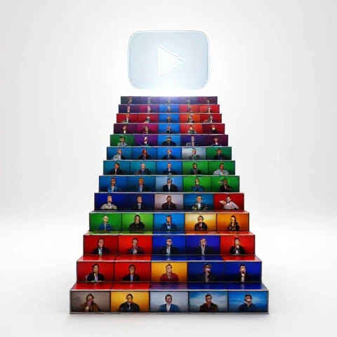 Staircase made of colorful video thumbnails ascending towards a glowing YouTube play button on a bright background.
