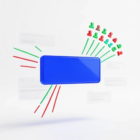 Highlighted blue comment box surrounded by faded comments with vibrant lines connecting to abstract audience icons.