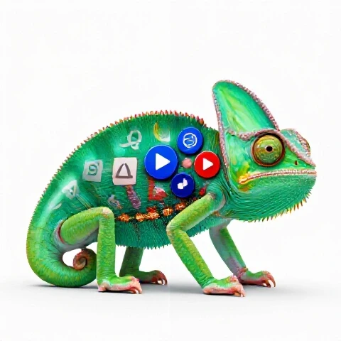 A vivid chameleon mid-transformation on a split background, symbolizing a YouTube channel pivot for growth.