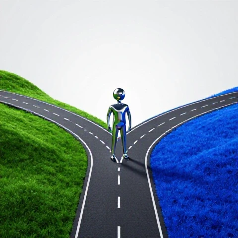 A vivid road splits into two contrasting landscapes with a bold abstract figure at the fork, symbolizing choice.