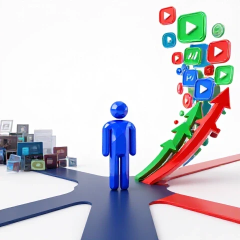 A geometric shape at a forked path moves from a cluttered faded area into a vibrant upward spiral with bold video icons.