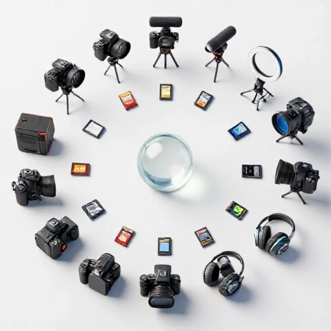 Circular arrangement of vibrant video equipment surrounding a central glass orb on a bright white background, embodying organized content creation.