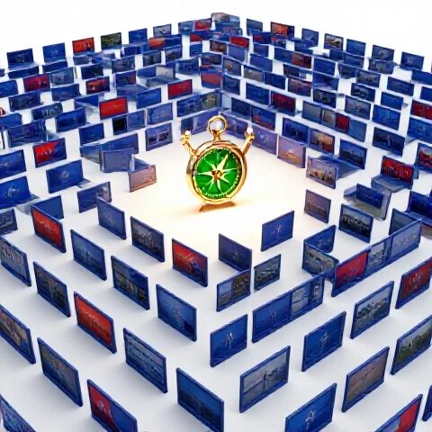 A glowing compass held at the center of a maze of colorful video thumbnails in a bright studio setting.