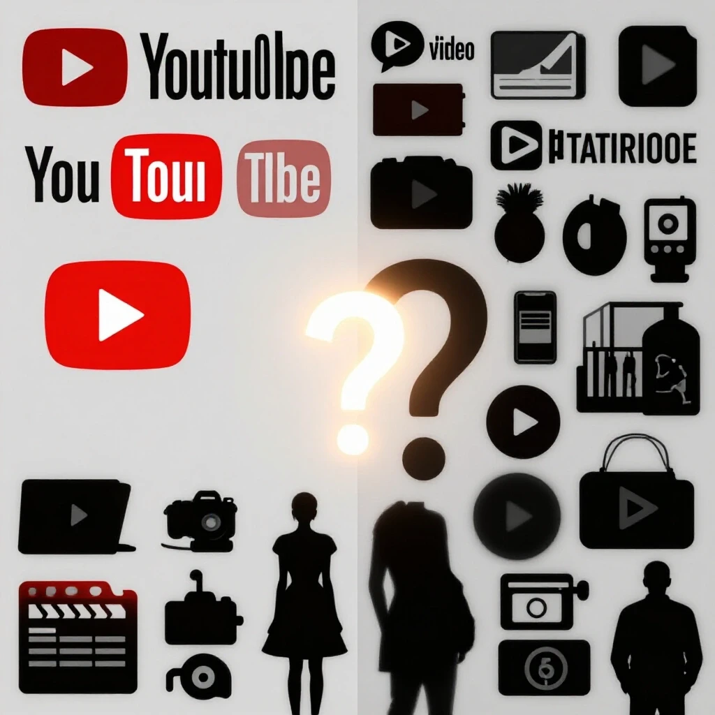 A split-screen image with the YouTube logo on the left and shadowy silhouettes of alternative platforms on the right, featuring a glowing question mark in the center.