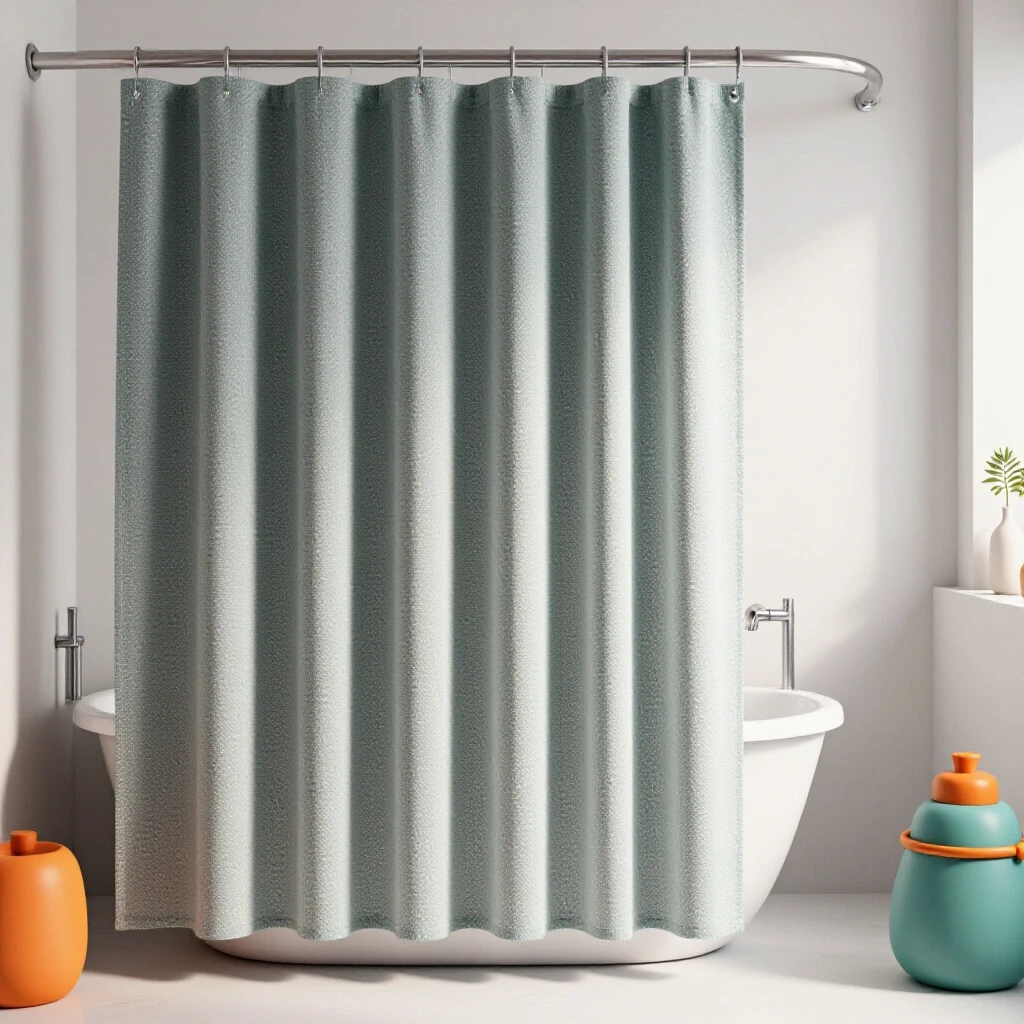 Vibrant bathroom scene featuring a pleated shower curtain, modern bathtub, and colorful accessories.