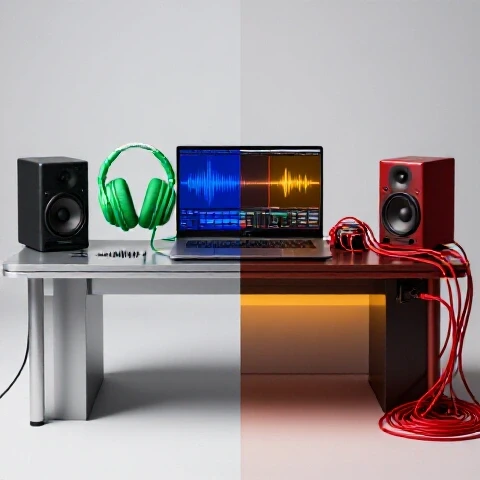 Split-screen of modern minimalist and busy traditional podcast editing workspaces with vibrant editing tools