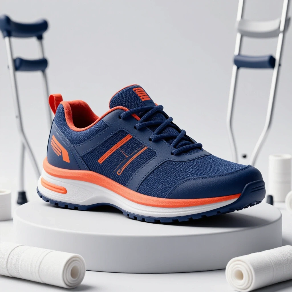 Vibrant oversized supportive shoe displayed on a pedestal surrounded by rehabilitation tools in a bright studio setting.