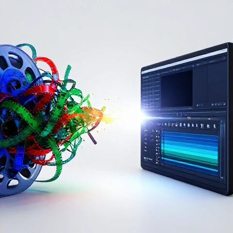 Tangled film reel and timeline transforming into a clear editing interface on a bright background