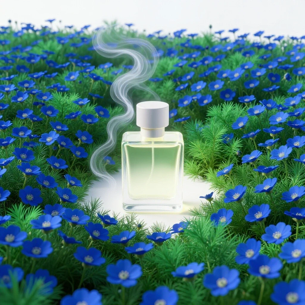 A glowing perfume bottle surrounded by vibrant flowers and soft clouds in a bright landscape.