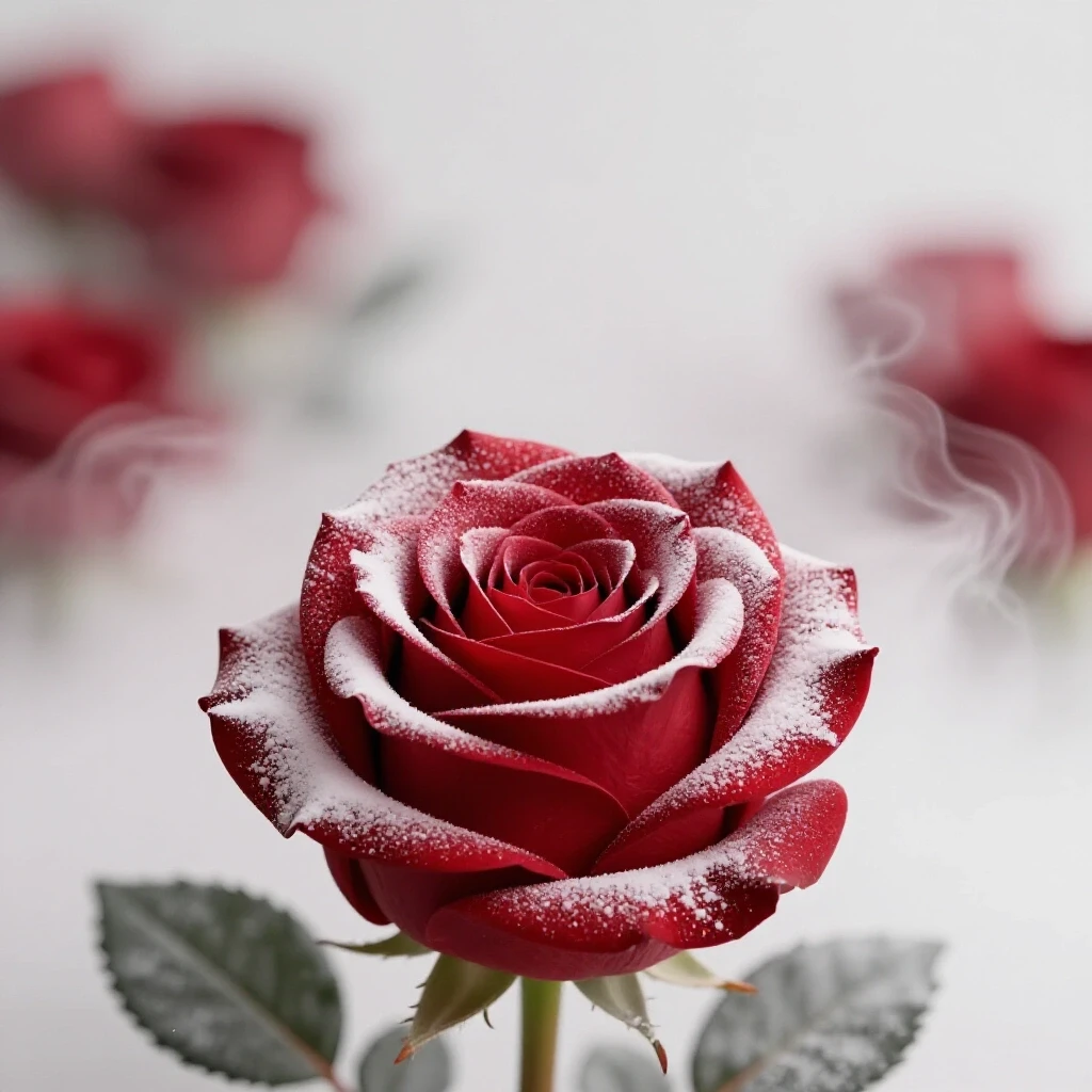 A glowing crimson rose surrounded by vanilla essence mist in a bright studio setting, evoking luxury and allure.