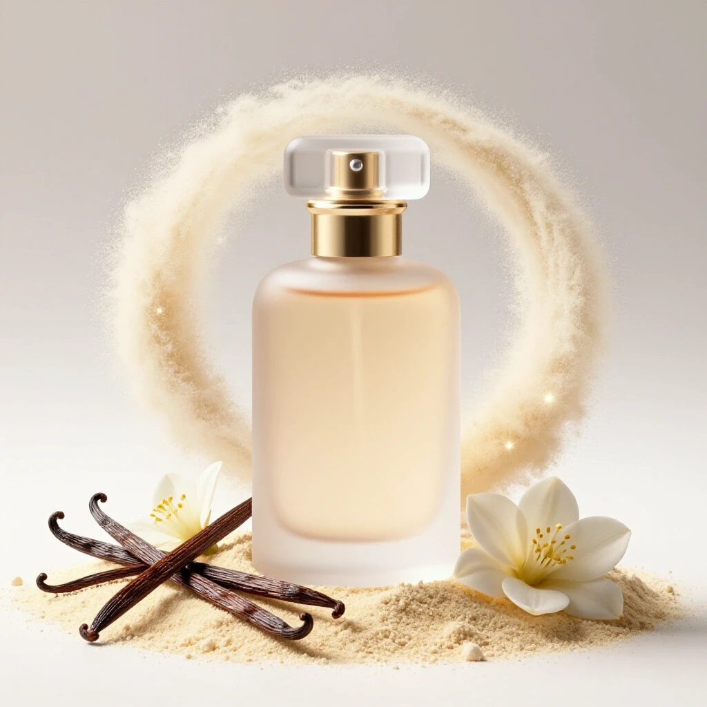 An elegant frosted perfume bottle surrounded by vanilla powder and delicate vanilla pods, evoking luxury and sweetness.