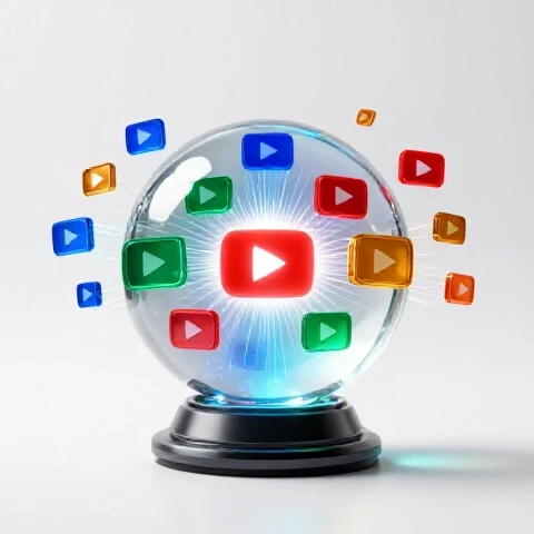 Crystal ball projects glowing, colorful video thumbnails with one standout thumbnail amid swirling data in bright studio setting.