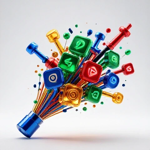 A cinematic editing timeline erupting with glowing, colorful plugin tools and icons on a bright background.