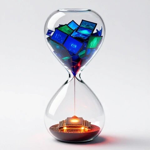 A vivid hourglass with video frames flowing into a glowing computer chip on a bright white background